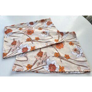 Vintage 70s pillowcases set, orange, white and brown daffodil flowers, Wabasso